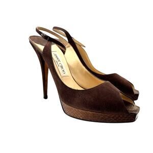 Jimmy Choo Platform Slingback Peep-toe High Heels in Brown Suede Size 39.5